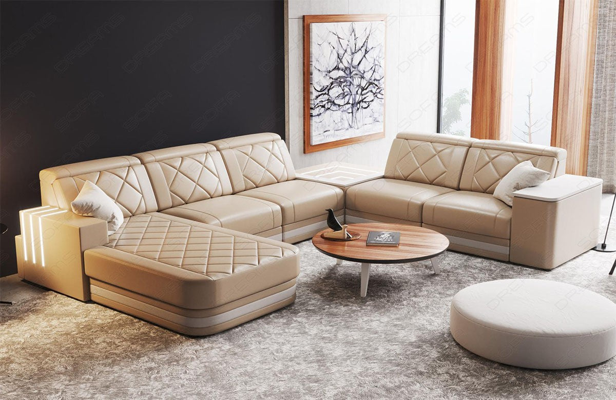 Luxus Leder Wohnlandschaft Cesena XXL in sandbeige-weiß mit LED Beleuchtung.