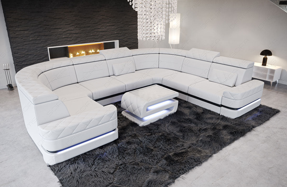 Design Leder Wohnlandschaft Positano U Form in Weiß - Schwarz