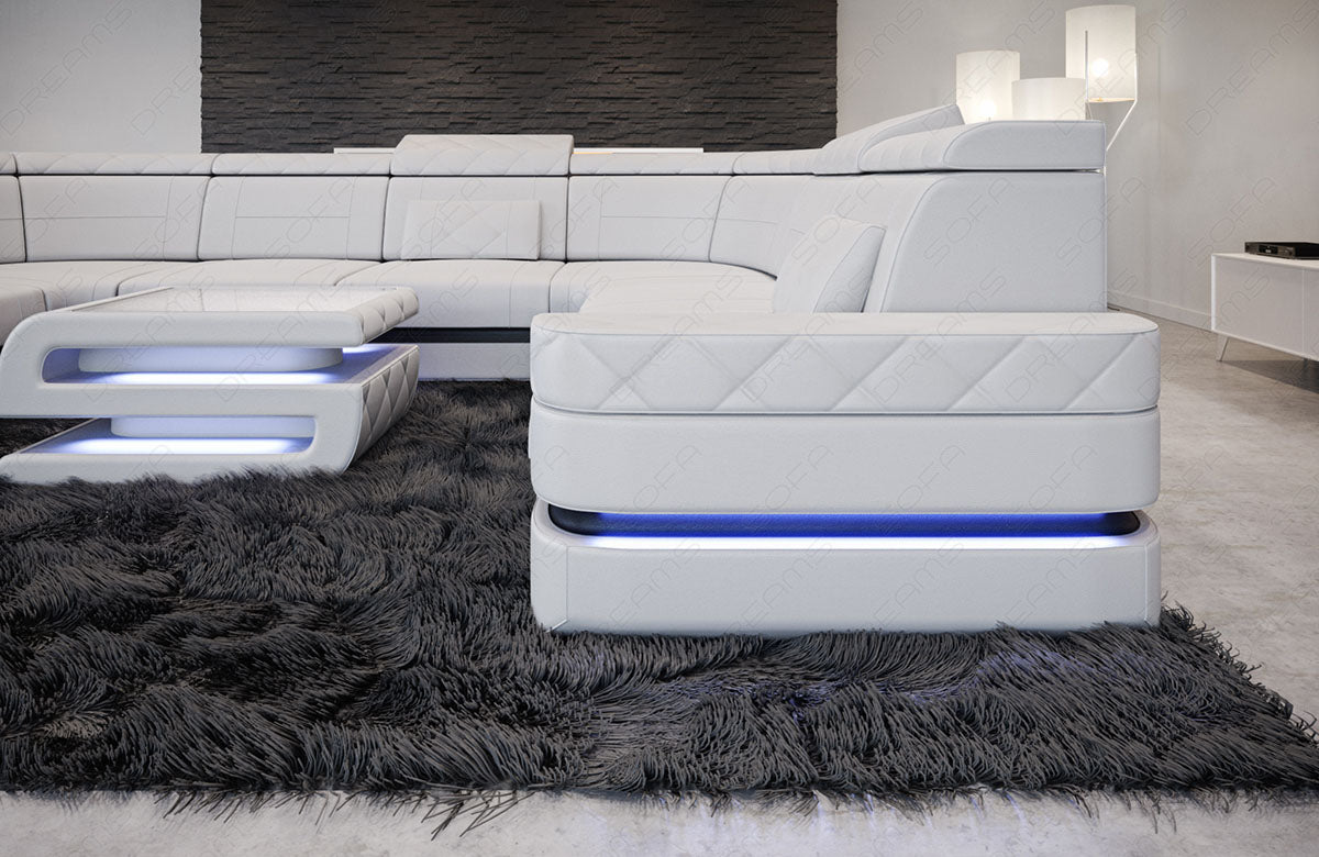 Seintenansicht der Leder Wohnlandschaft Positano U Form in Weiß - Schwarz