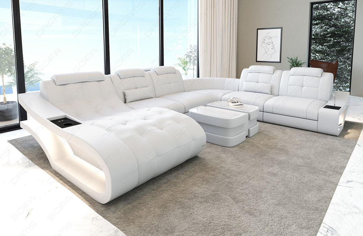 XXL Ledersofa Elegante als Mini Version mit Licht und USB in komplett weiss