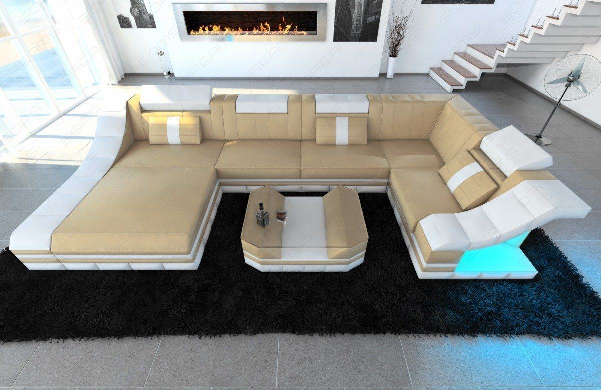Luxus Wohnlandschaft mit LED Beleuchtung sandbeige weiß