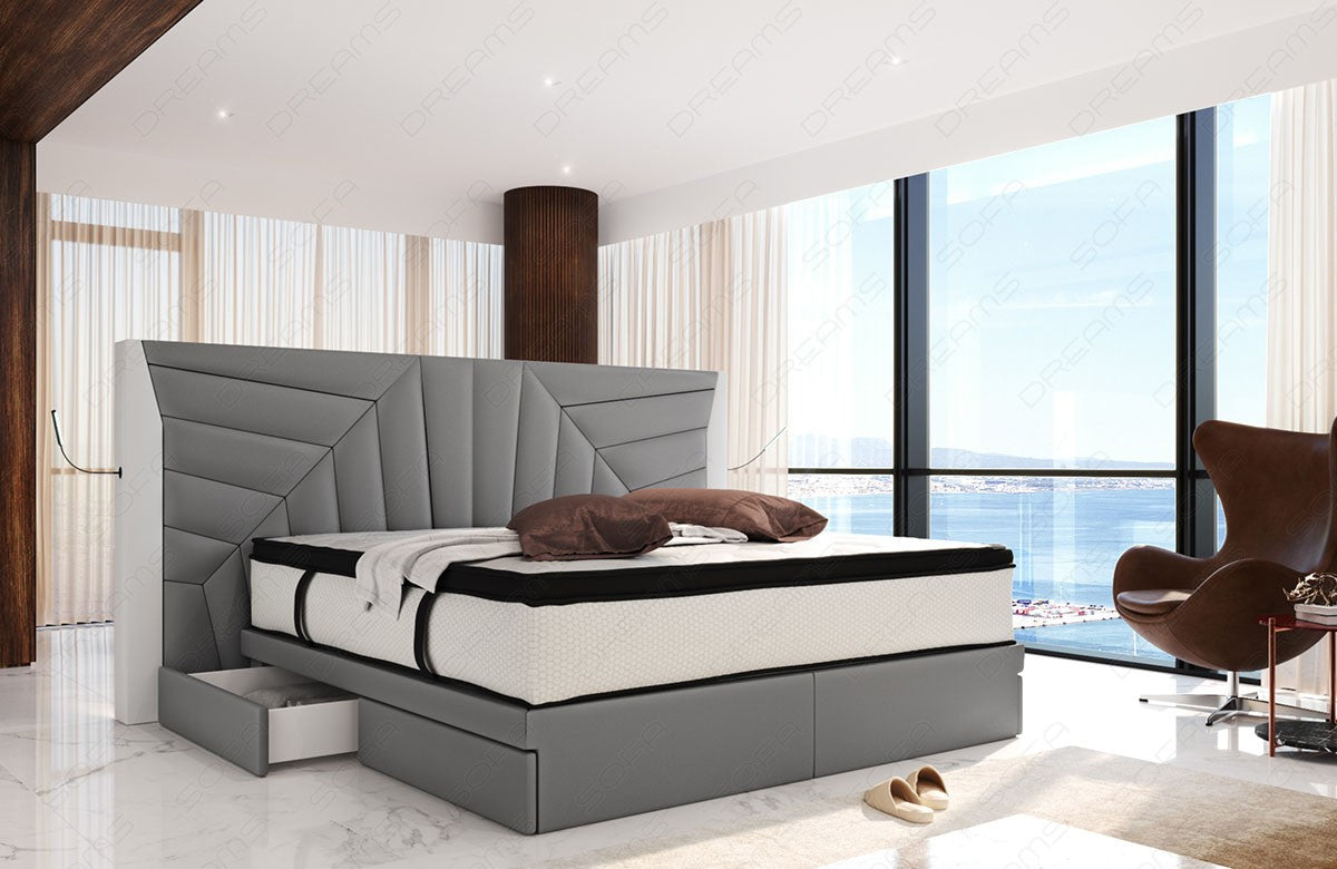 Design Boxspringbett Monaco mit LED Beleuchtung und Schubladen in hellgrau - Mineva12 - Nebenfarbe weiß