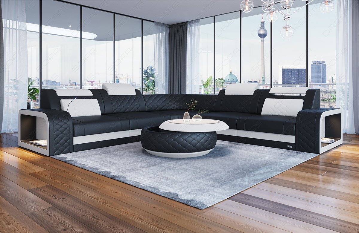 Leder Ecksofa Foggia in schwarz - weiß