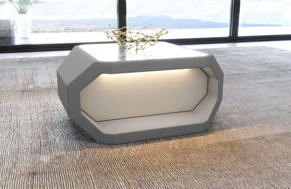 Mikrofaser Couchtisch Asti Stoff in hellgrau - Mineva12 - optional mit LED Beleuchtung erhältlich.
