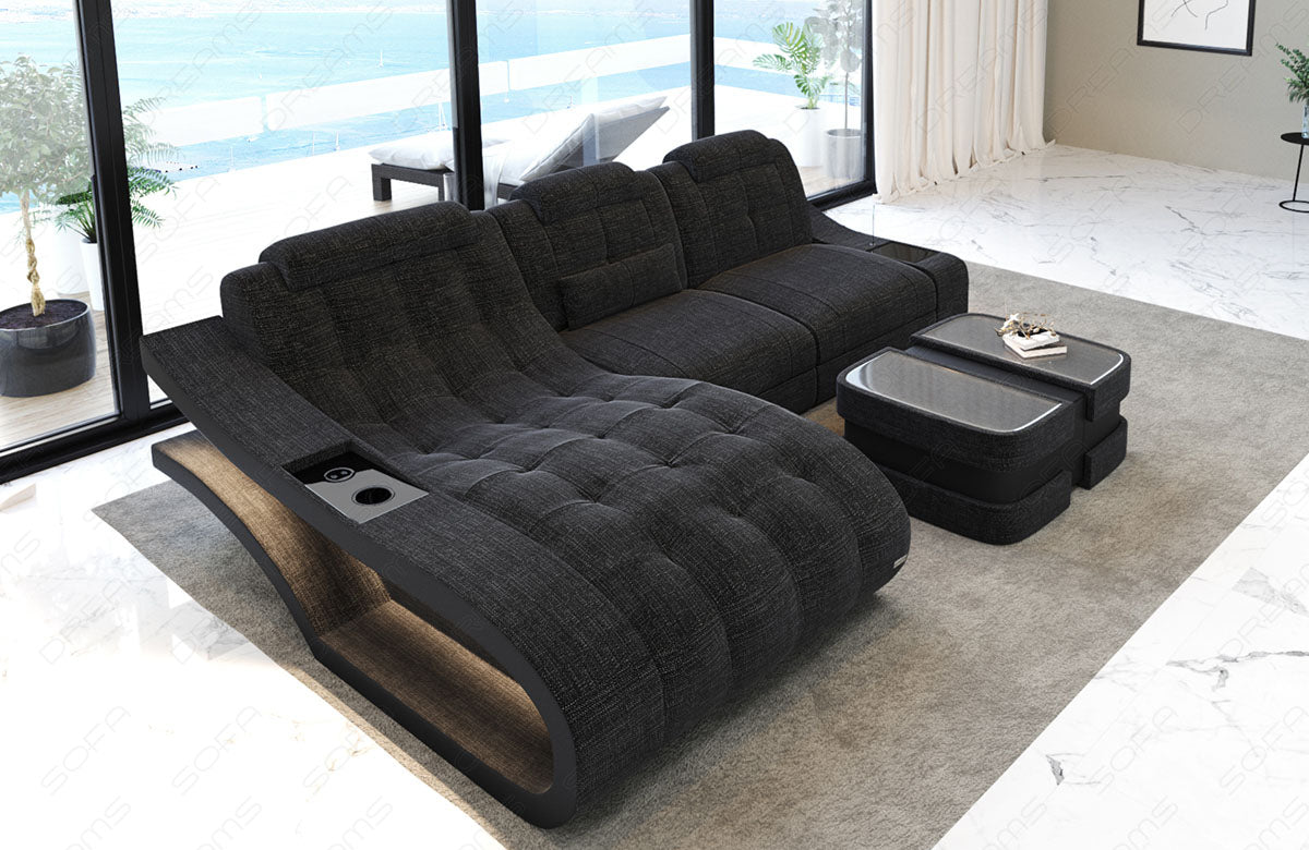 L Form Mini Sofa Elegante als Stoffsofa mit LED Licht und USB Strukturstoff in schwarzgrau - Hugo12