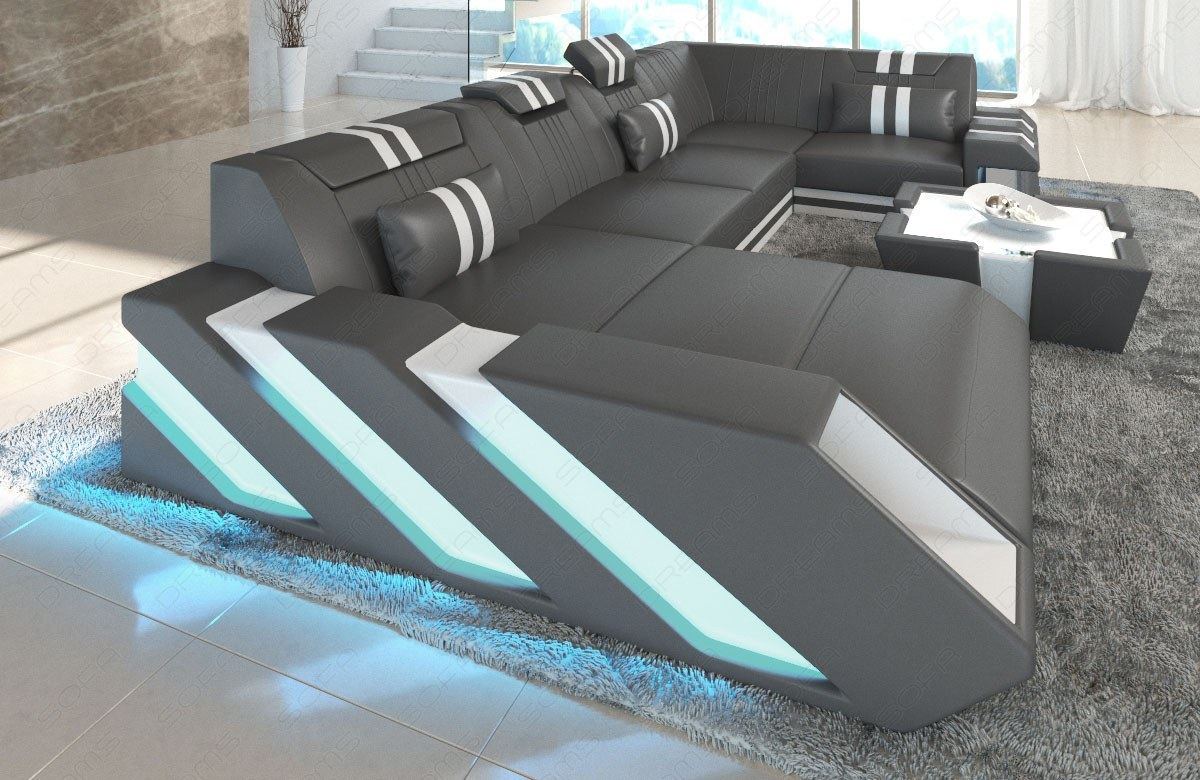 Moderne Wohnlandschaft Apollonia U Form mit LED in grau-weiss