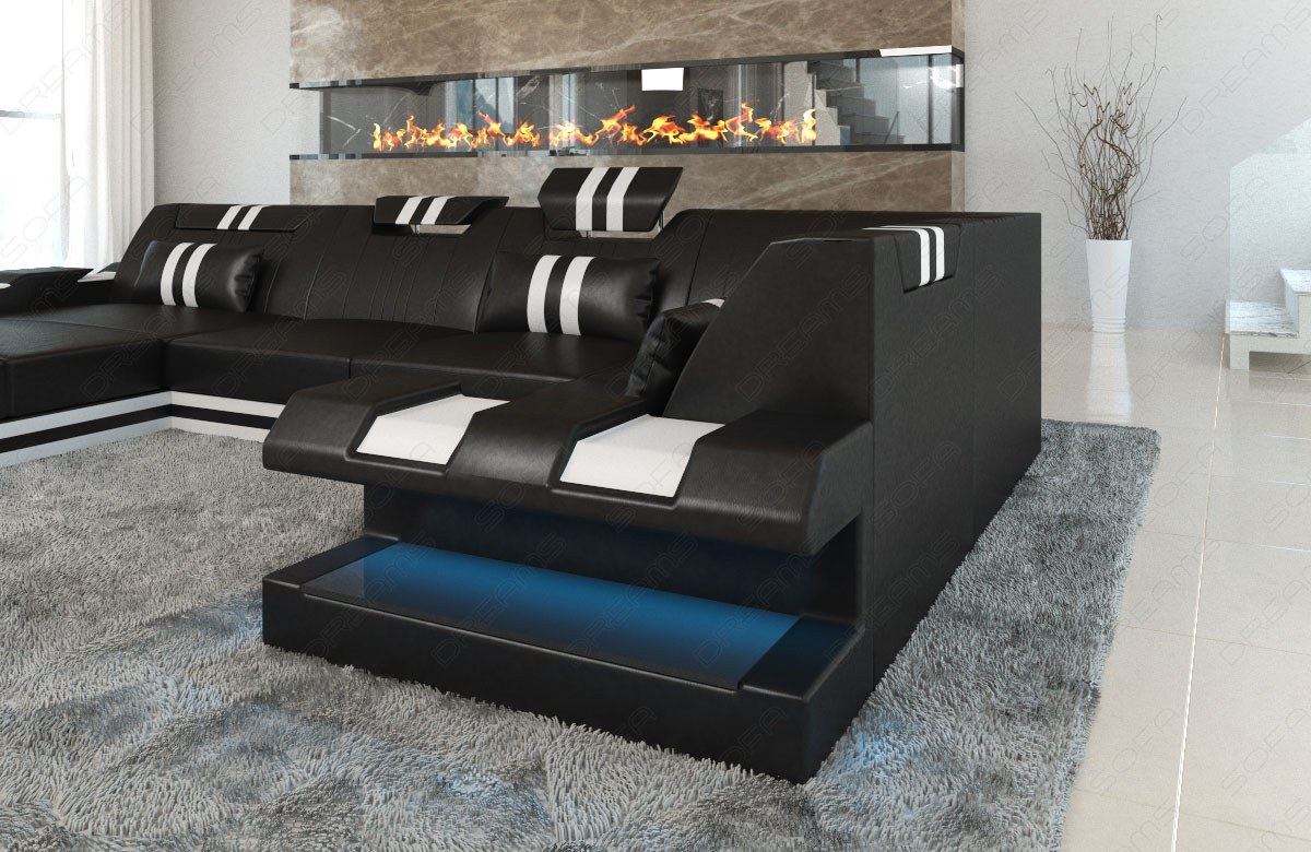 Moderne Wohnlandschaft Apollonia U Form mit LED in schwarz-weiss