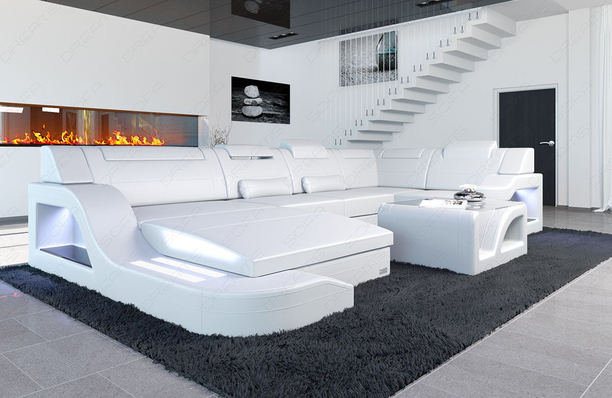 Design Wohnlandschaft Palermo U Form Leder komplett in weiß