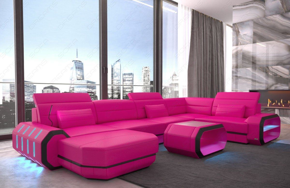 Design Wohnlandschaft Roma U Form mit LED - pink-schwarz