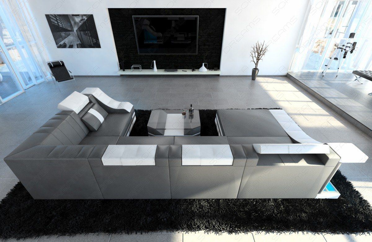 Designer Wohnlandschaft mit Beleuchtung grau- weiß