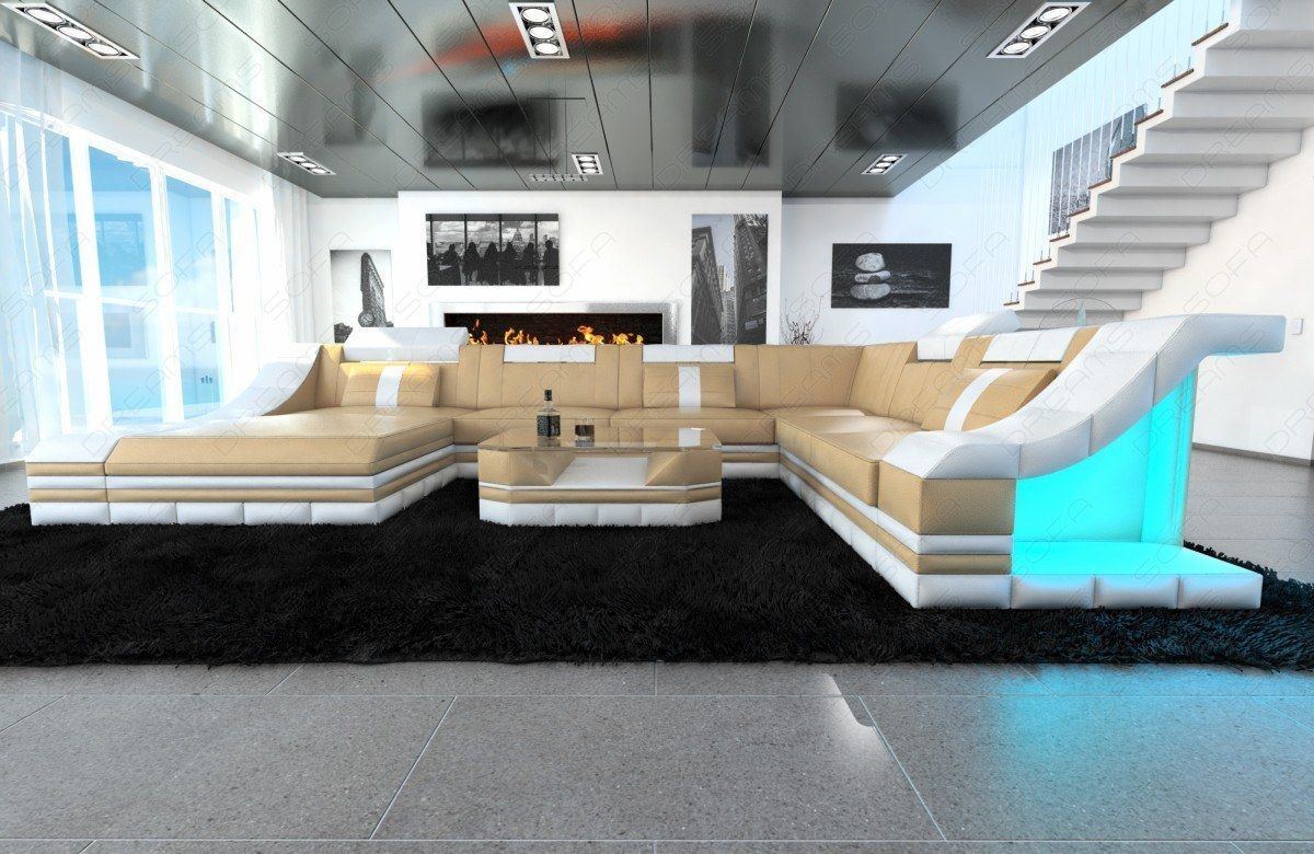 Luxus Wohnlandschaft mit LED Beleuchtung sandbeige weiß