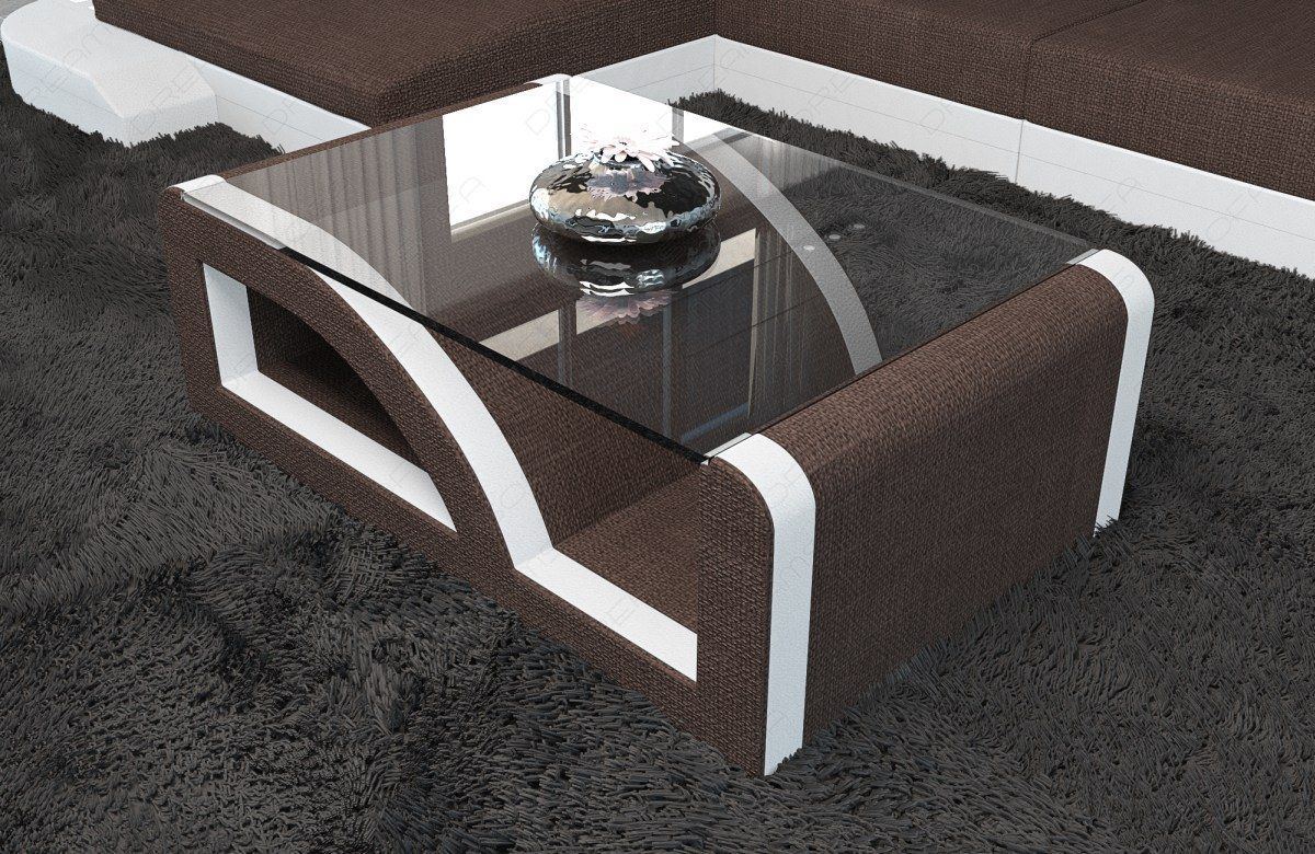 Stoff Couchtisch Palermo mit Glasplatte in braun - Hugo8 Strukturstoff