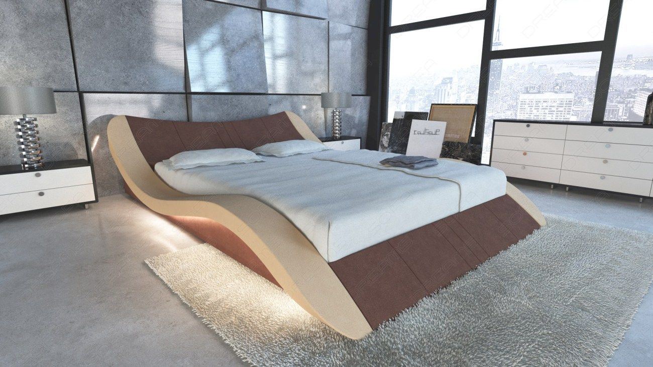Design Polsterbett Frankfurt mit LED Beleuchtung in braun Mineva 5 - Nebenfarbe sand-beige