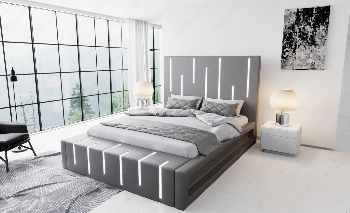 Designerbett Milona in grau mit schwarzem Seitenkasten