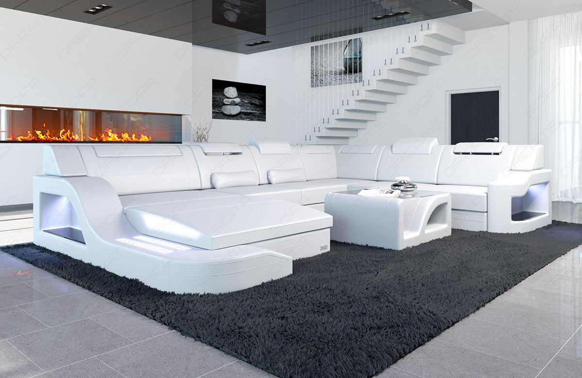 Ledersofa Palermo XXL Farbe weiß mit LED Beleuchtung