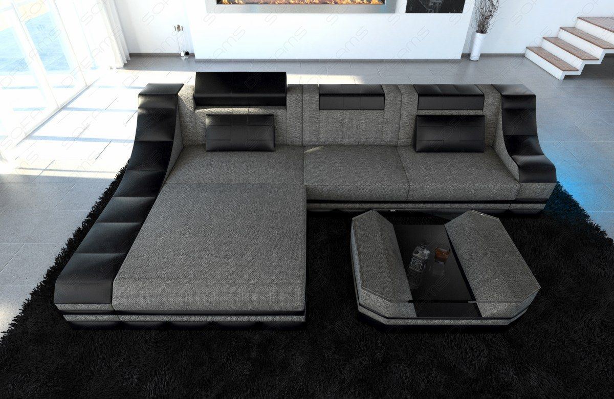 Stoffcouch Turino L Form mit LED Beleuchtung in grau - Hugo 5