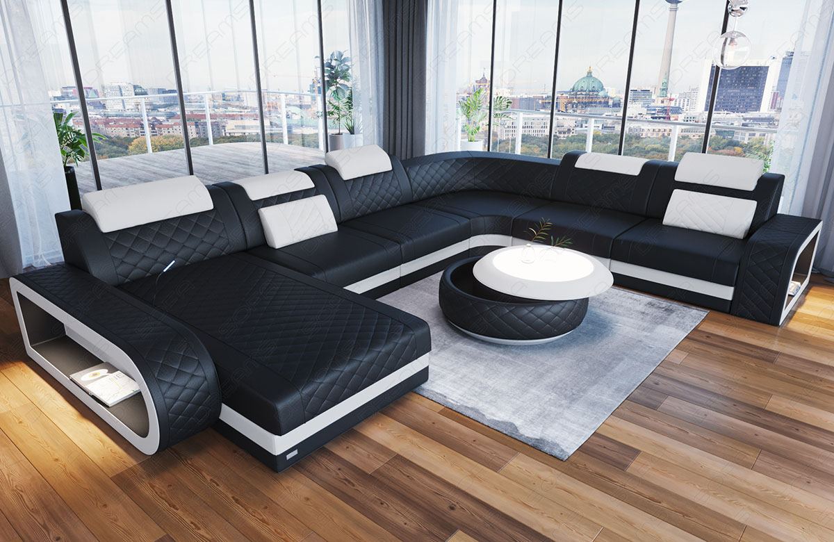 Mini U Form Ledersofa Berlin XXL mit schmalen Sitzflächen in Farbe weiss