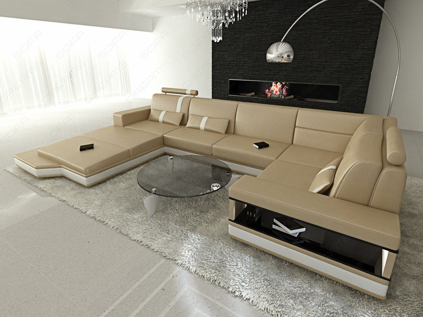 Designersofa Messana U-Form sandbeige-weiss