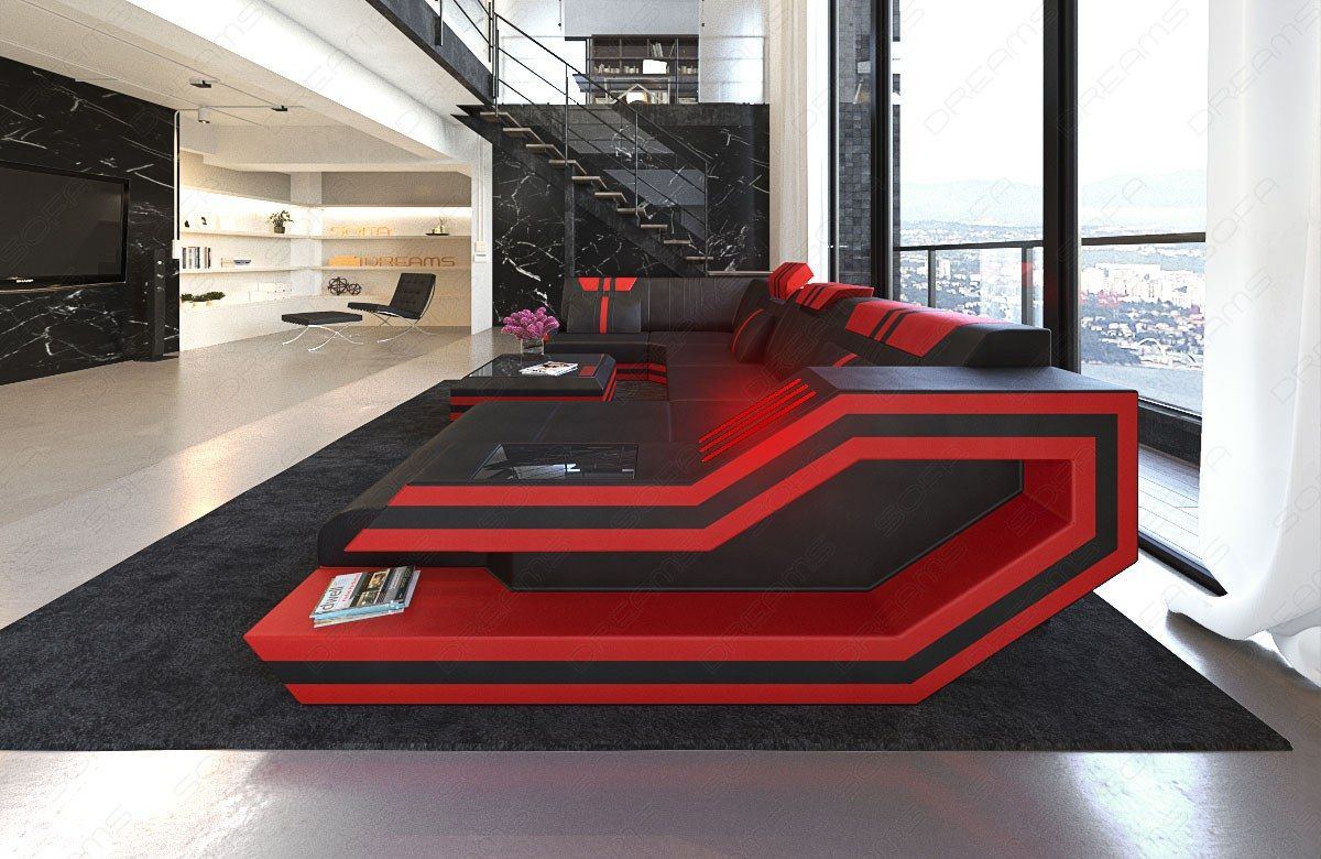 Ledercouch Wohnlandschaft Ravenna U Form LED in schwarz-rot