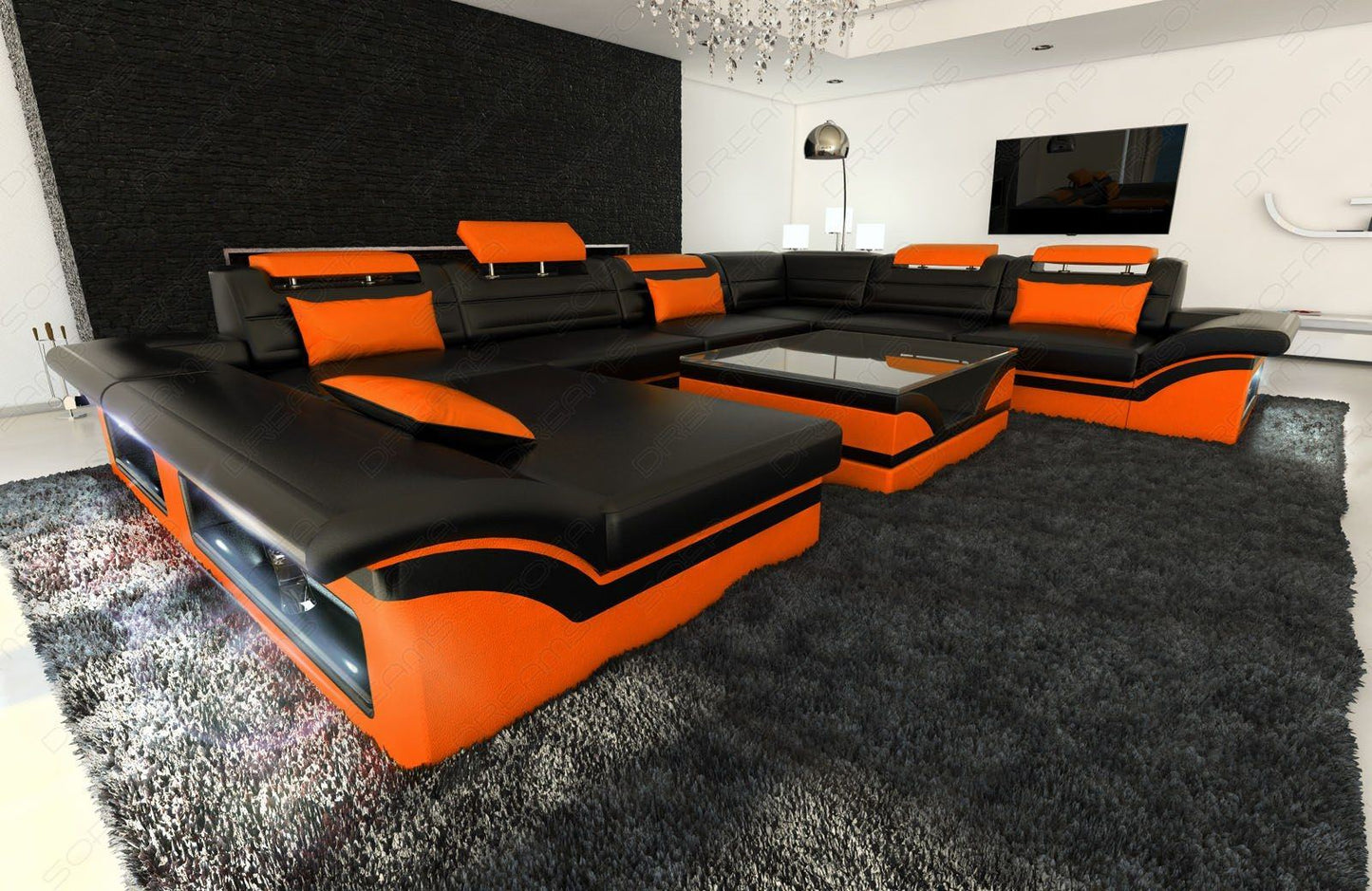 Designersofa Wohnlandschaft Enzo XXL in schwarz-orange