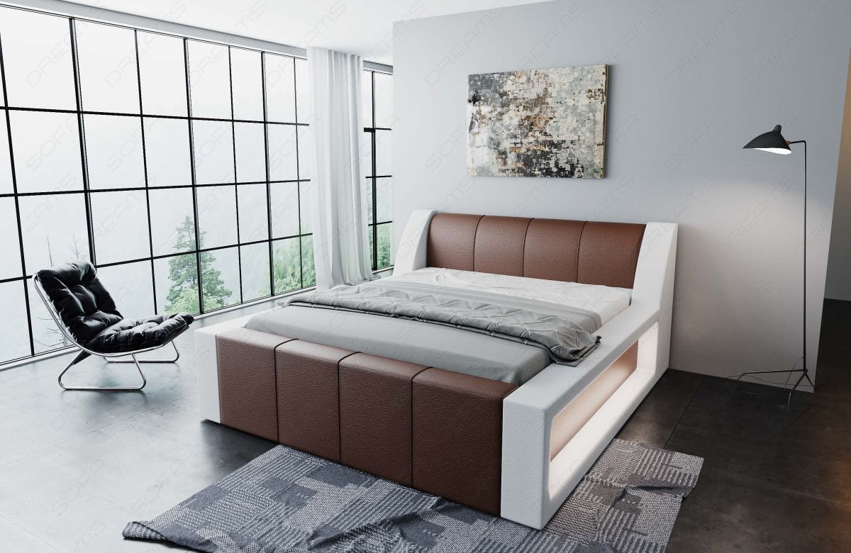 Kunstleder Designer LED Bettgestell Fermo in dunkelbraun-weiß