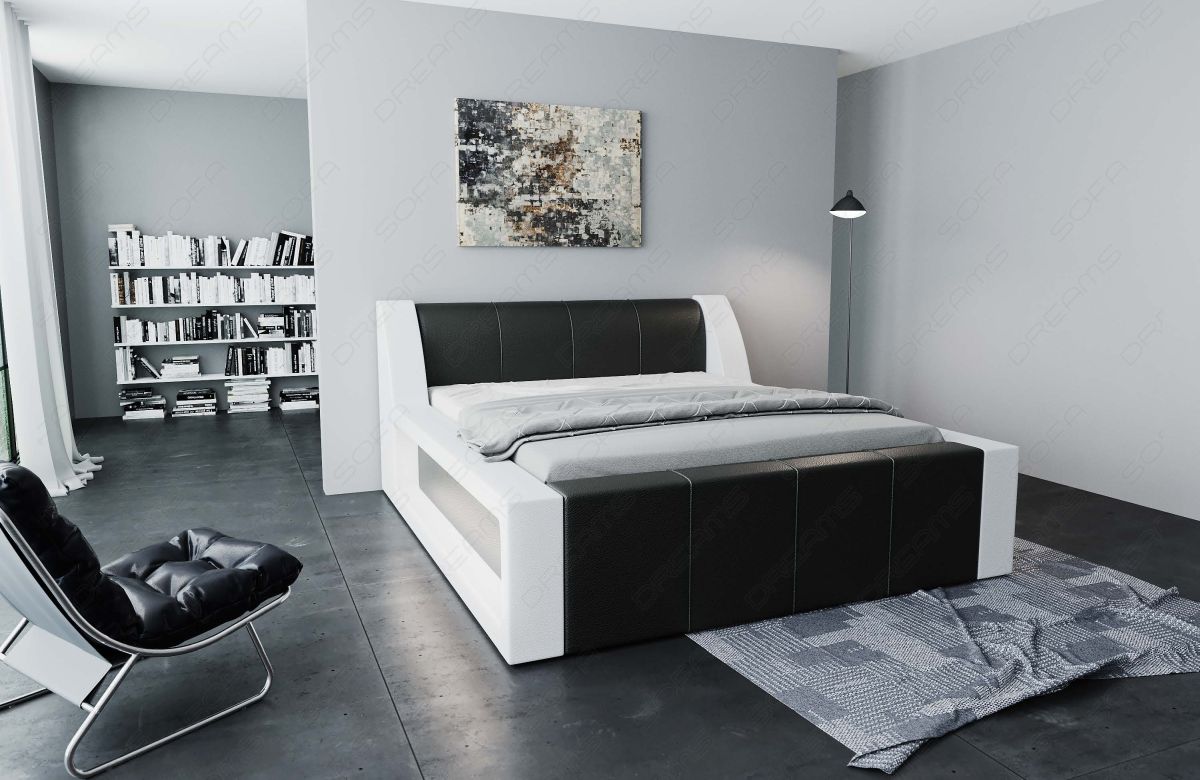 Kunstleder Designer LED Bettgestell Fermo in schwarz-weiß