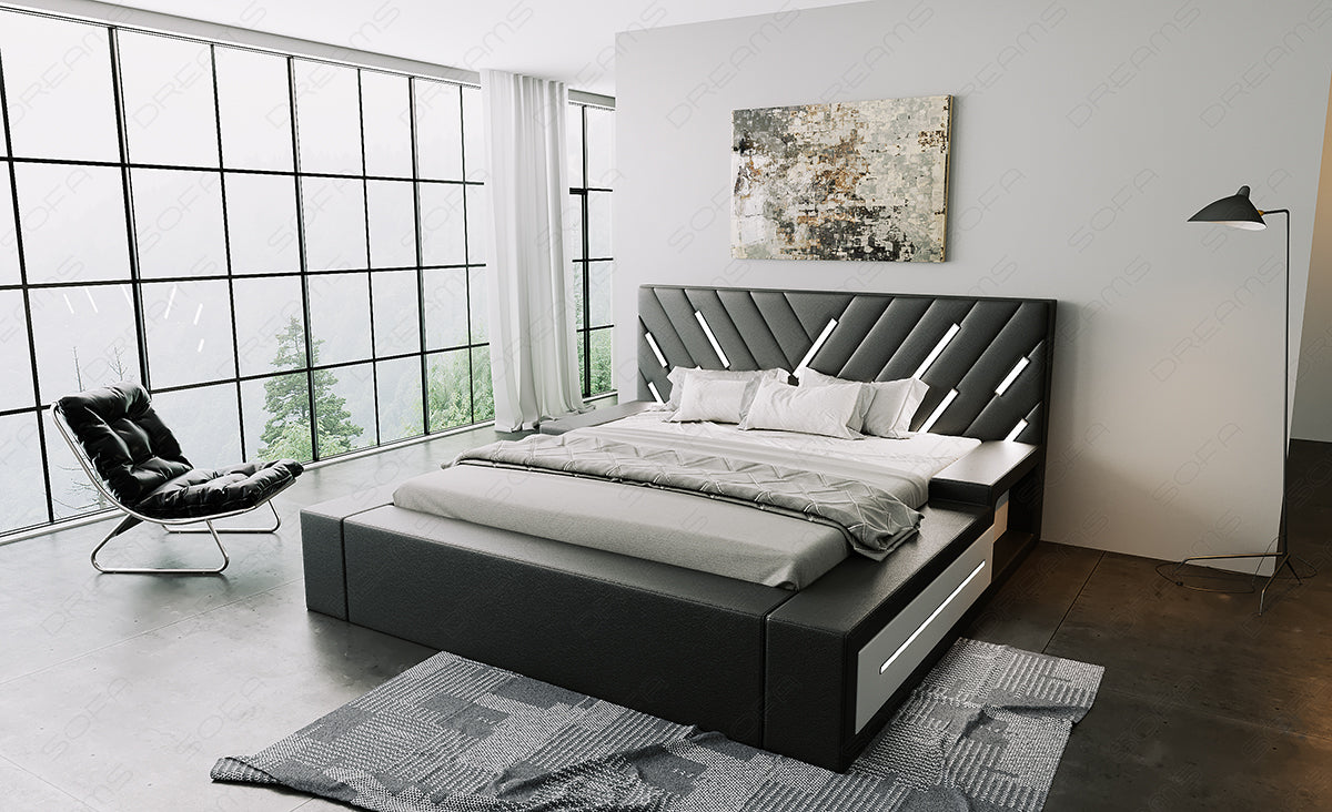 Modernes Designerbett Contrada in schwarz mit weißen Seitenkästen
