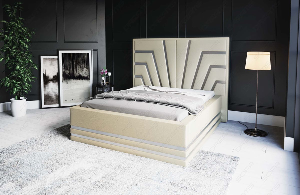 Design Bettgestell Cecina in Beige mit silbernen Zierleisten - Matratze und Lattenrost optional erhältlich