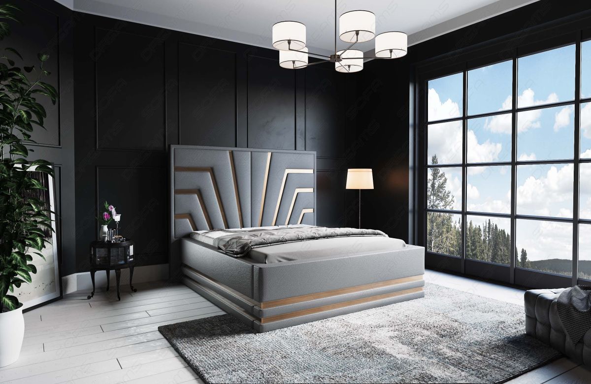 Design Bettgestell Cecina in Grau mit goldenen Zierleisten - Matratze und Lattenrost optional erhältlich