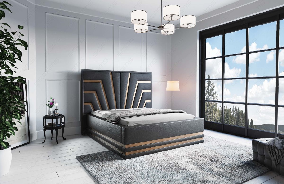 Design Bettgestell Cecina in Schwarz mit goldenen Zierleisten - Matratze und Lattenrost optional erhältlich