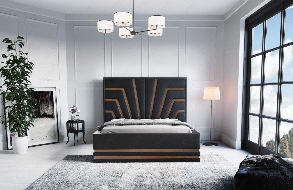 Design Bettgestell Cecina in Schwarz mit goldenen Zierleisten - Matratze und Lattenrost optional erhältlich