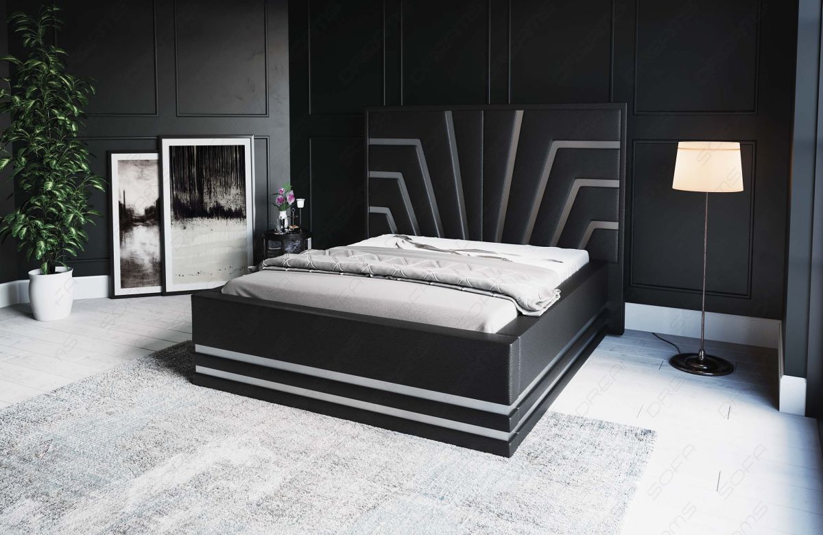 Design Bettgestell Cecina in Schwarz mit silbernen Zierleisten - Matratze und Lattenrost optional erhältlich
