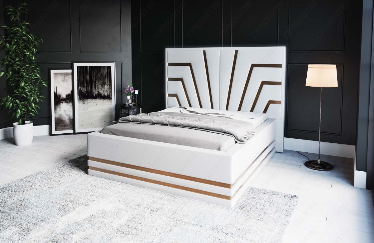 Design Bettgestell Cecina in Weiß mit goldenen Zierleisten - Matratze und Lattenrost optional erhältlich