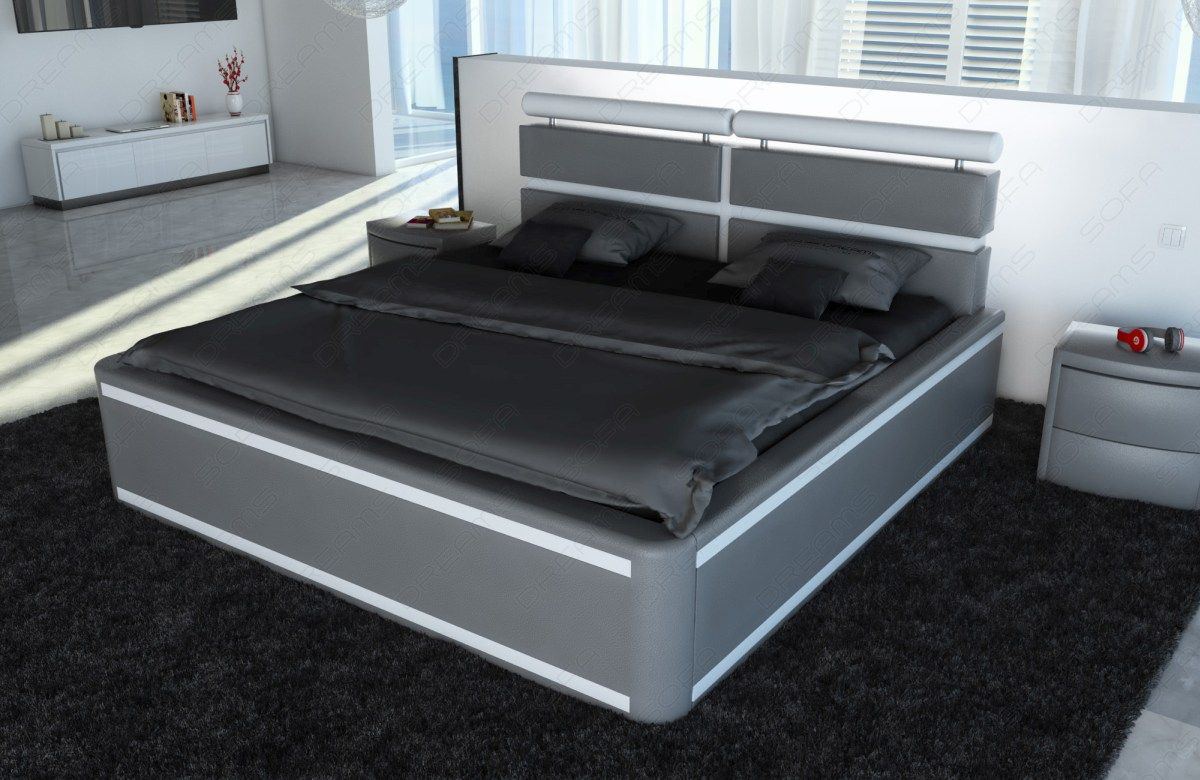 Lederbett Venedig Komplett in grau weiss mit LED Beleuchtung