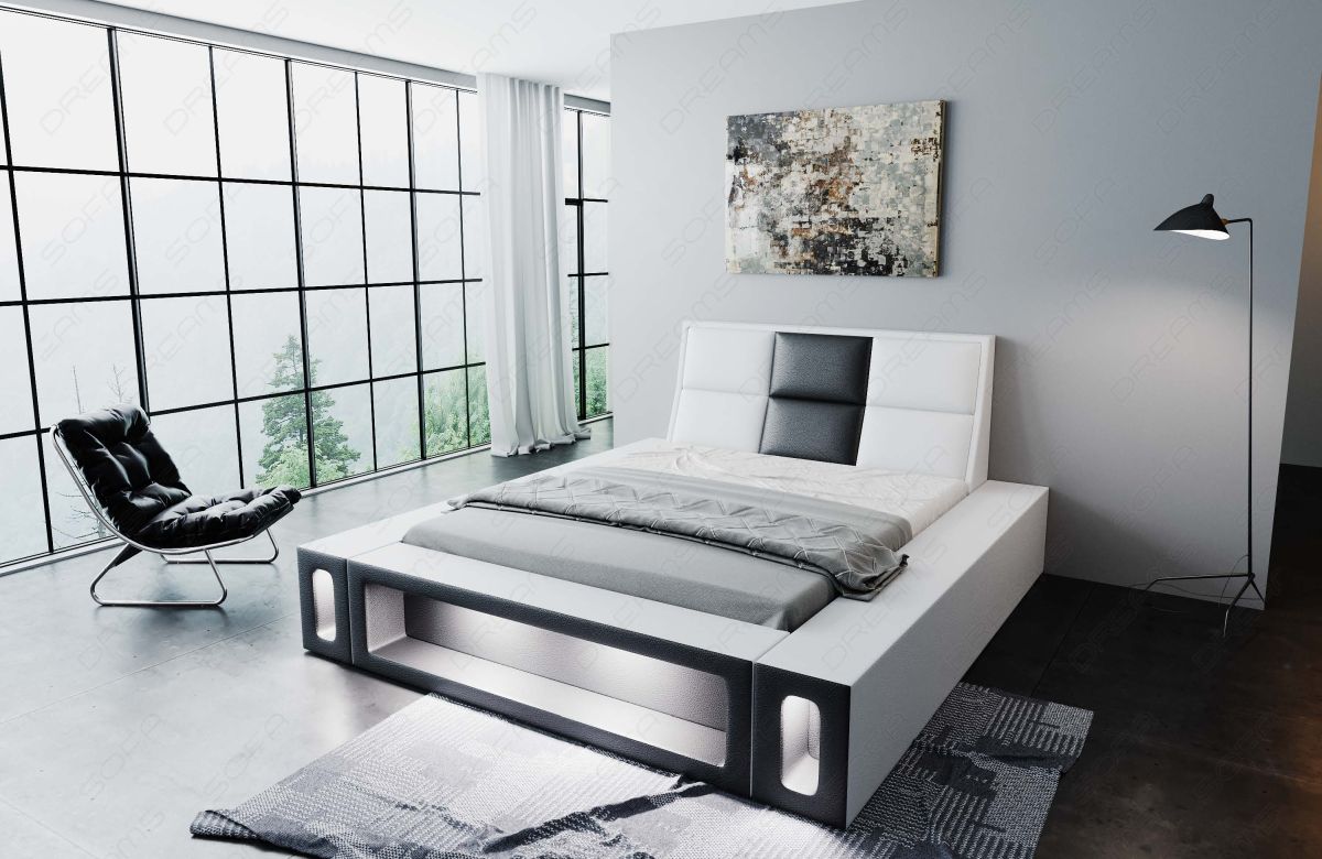 Edles Designerbett Venosa mit Kunstlederbezug und LED Beleuchtung in weiß-schwarz
