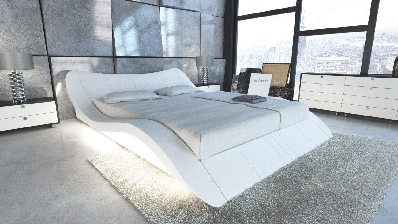 Designerbett in Leder mit LED Beleuchtung in komplett weiss