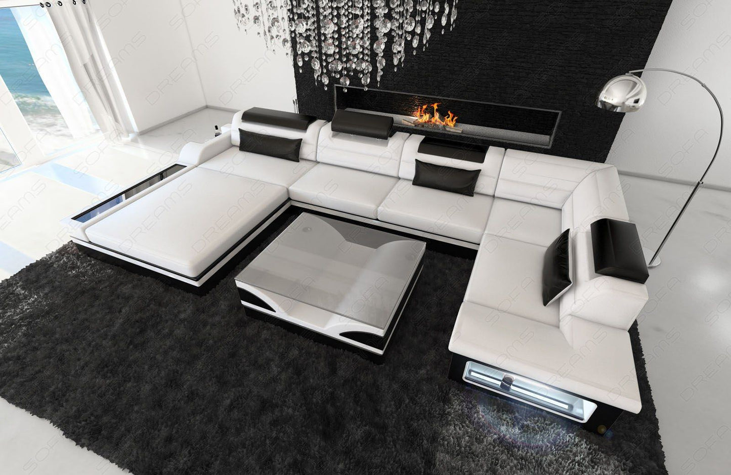 Designer Wohnlandschaft Mezzo U Form in weiss-schwarz