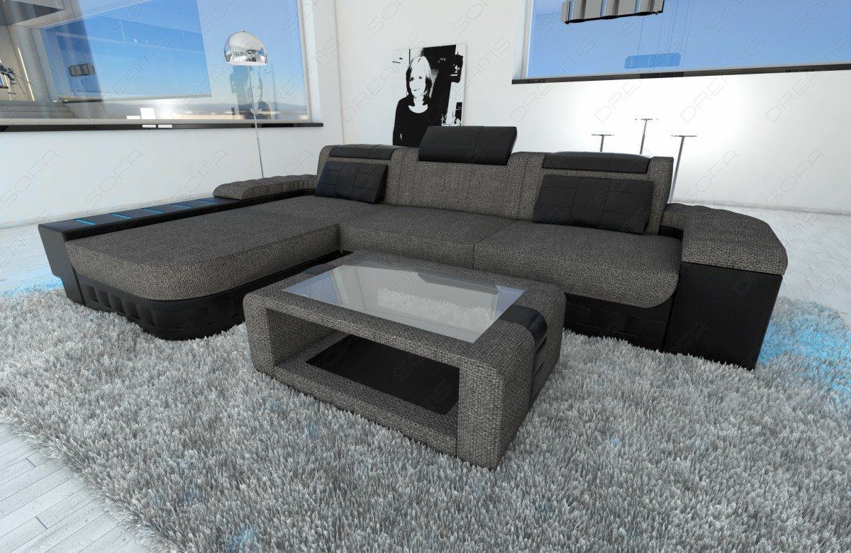 Stoff Sofa Bellagio in L Form mit LED in grau - Hugo5 Strukturstoff