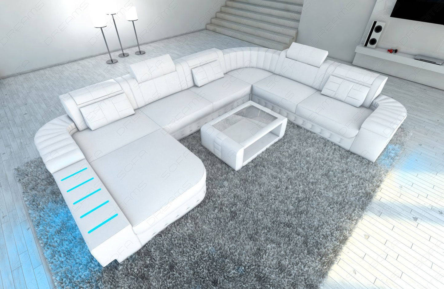 Ledersofa Wohnlandschaft Bellagio XXL in weiss mit LED-Beleuchtung