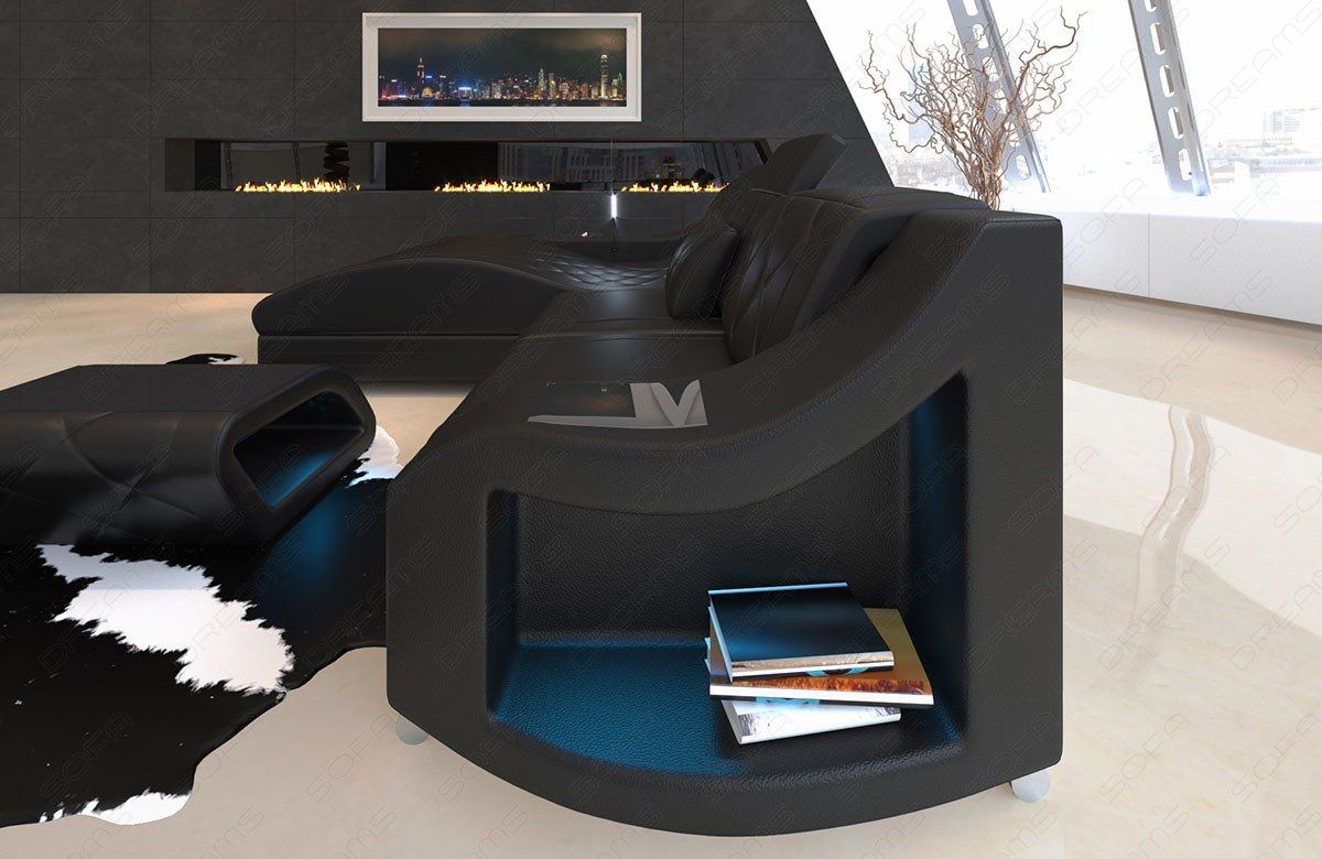 Design Echtleder Sofa Swing beleuchtet mit Ablageflächen in komplett schwarz