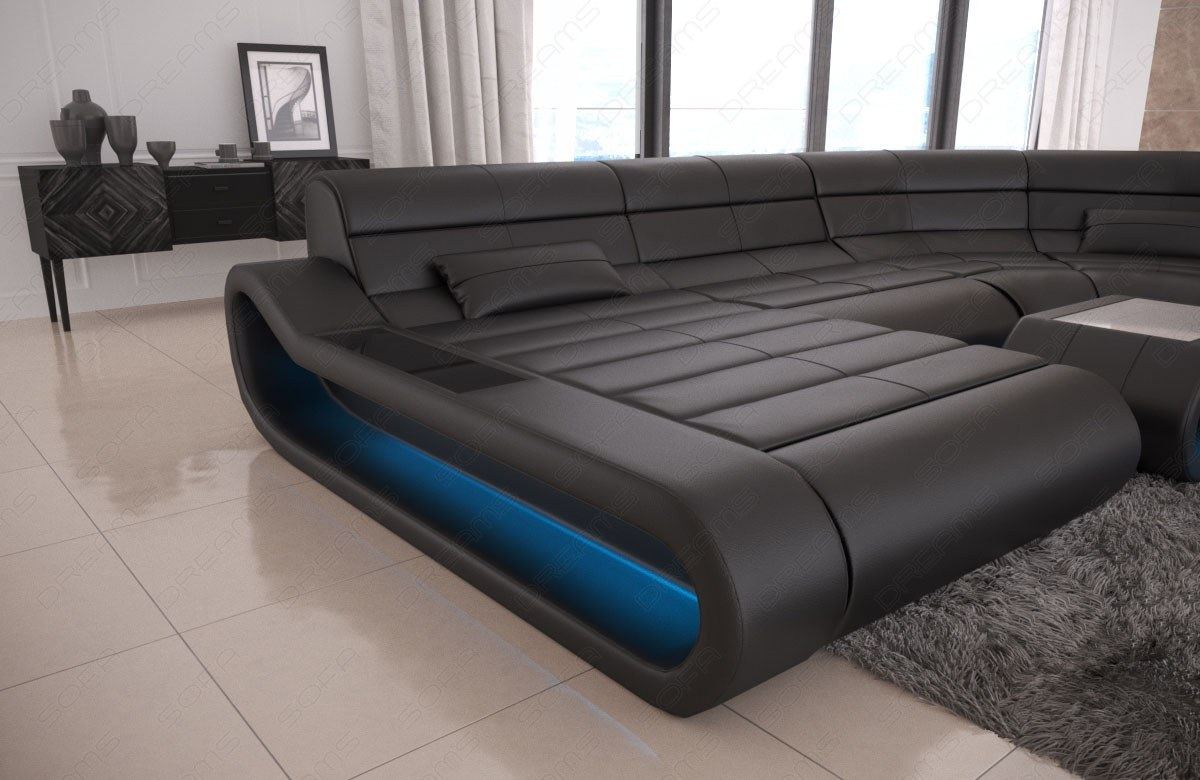 Ledercouch modern LED Concept U Form Farbe schwarz - Detailansicht der großen Armlehne