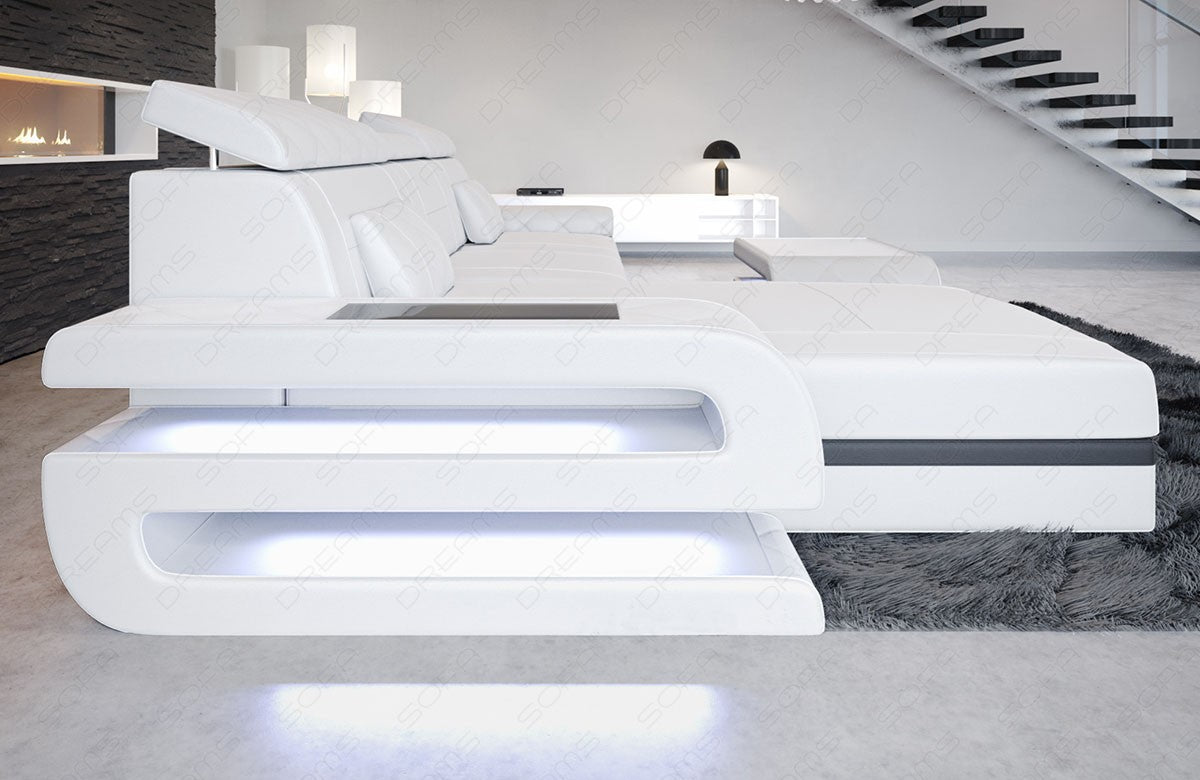 Ledersofa Bologna mit LED Licht und USB in weiß-schwarz
