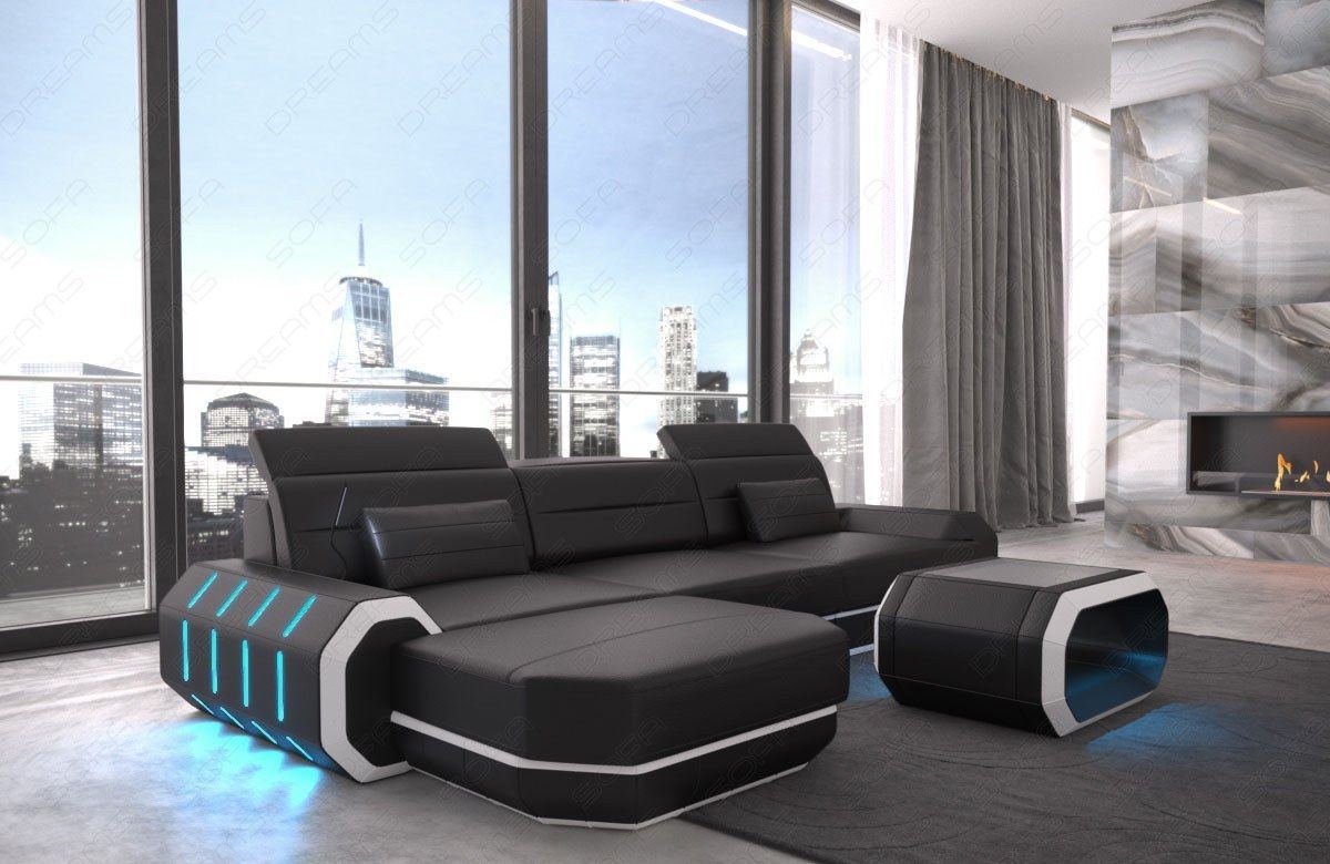 L Form Ledersofa Roma Mini mit LED - schwarz-weiss