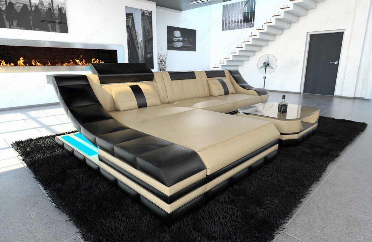 Ecksofa Turino mit LED Beleuchtung sandbeige-schwarz