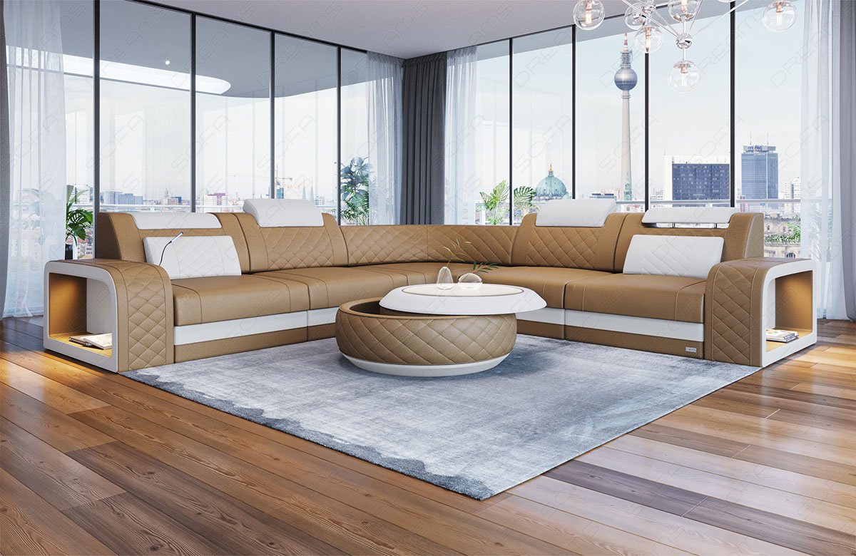 Leder Ecksofa Foggia in beige - weiß