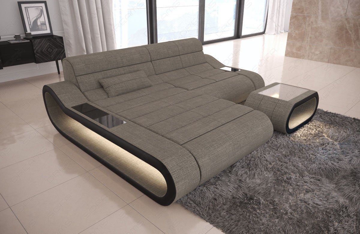 Design Ecksofa Concept L Form kurz mit LED-Beleuchtung in sand - Hugo15 Strukturstoff