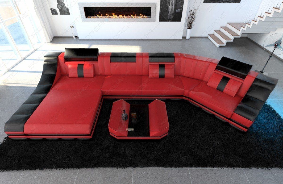 Leder Wohnlandschaft Turino C-Form in rot-schwarz