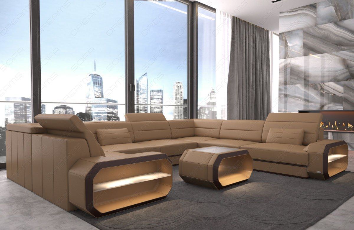 Luxus Wohnlandschaft mit Lederbezug in Sandbeige-dunkelbraun