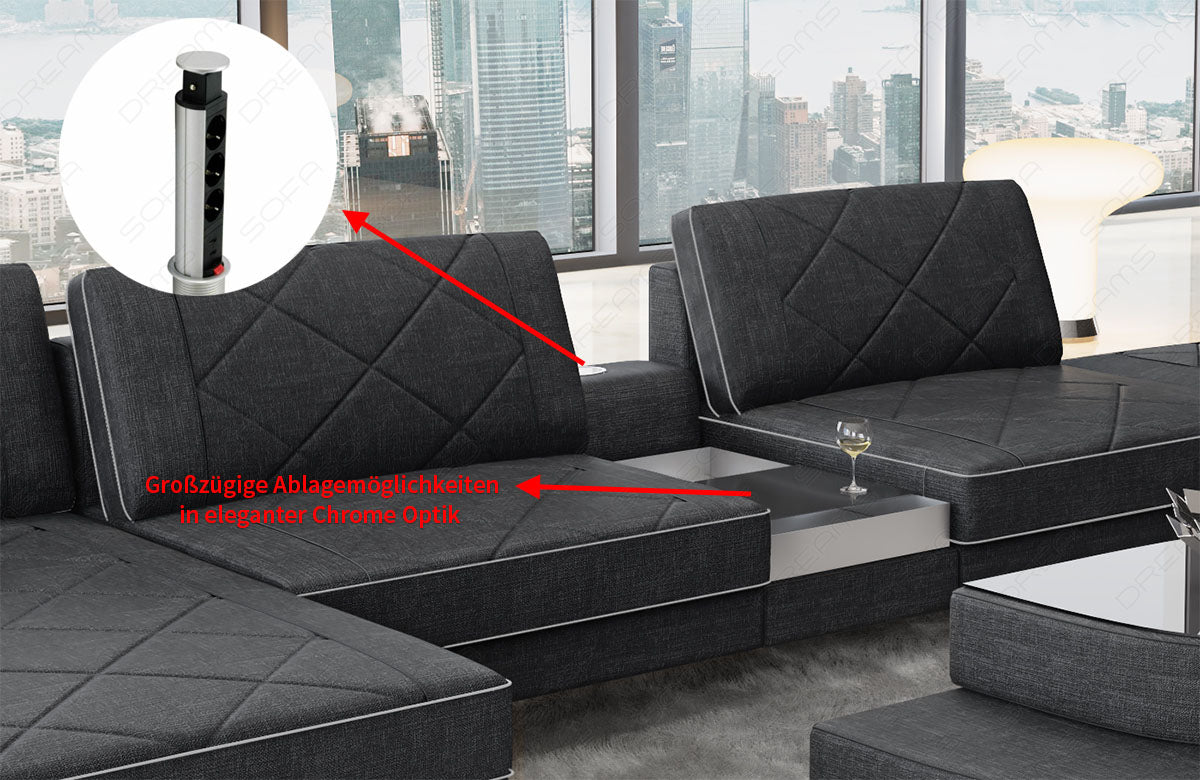 Detailbild der Multifunktionskonsole mit ausfahrbarer Steckdosenleiste, Schublade und 2 USB Anschlüssen (optional)