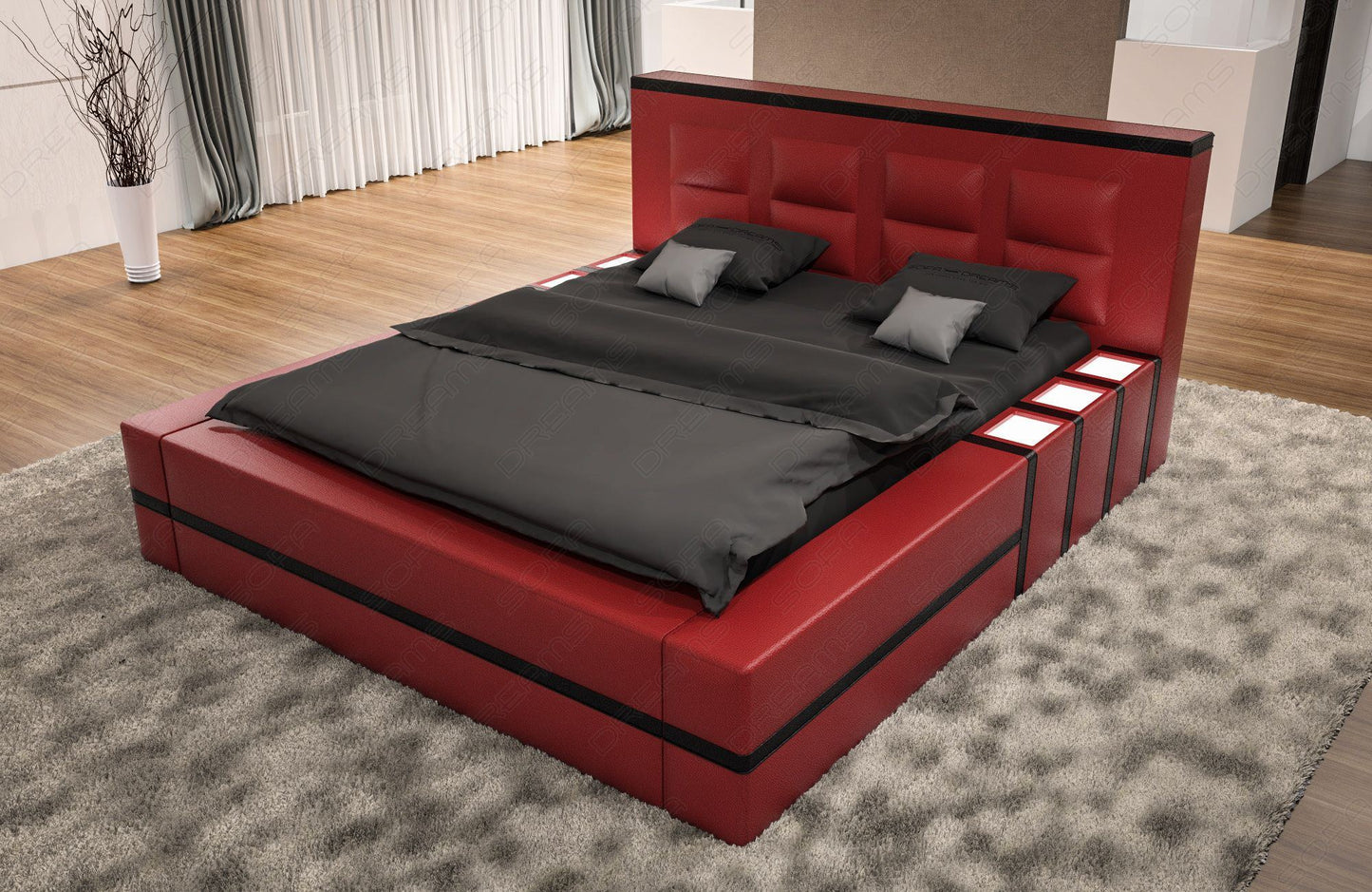 Luxus Boxspringbett Asti mit Beleuchtung rot-weiß